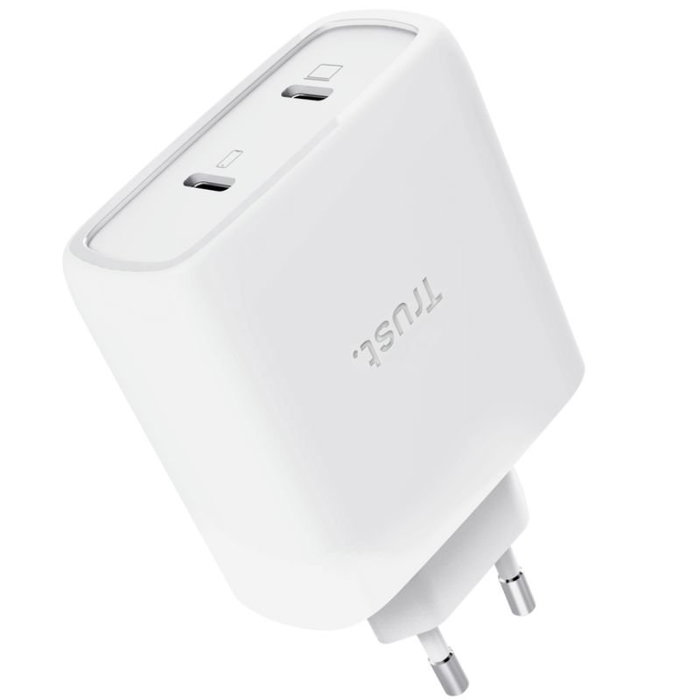 Trust Cargador de Pared USB-C GaN Maxo 65W 25526 - 2 Puertos Tipo-C PD 3.0 + PPS - Carga Rápida para Portátil, Tablet y Smartphone - Con Cable USB-C de 2m Incluido